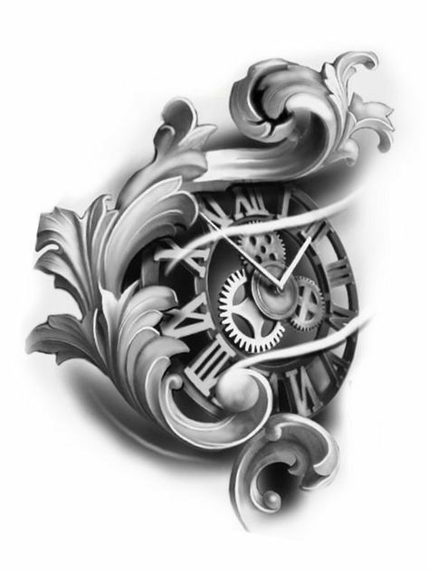 Old Clock Tattoo, Tato Jam, Baroque Tattoo, Biomechanical Tattoo Design, Watch Tattoo Design, Arm Tattoos Drawing, Tattoos Drawing, Clock Drawings, Chicano Tattoos Sleeve