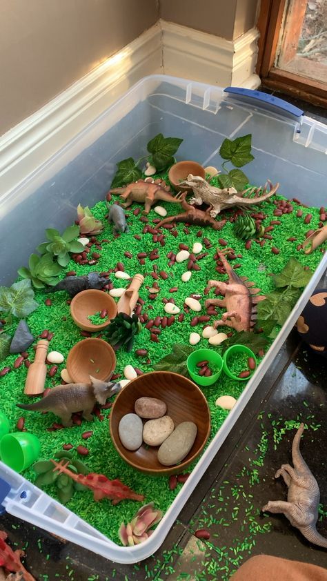 Sensory Bins Animals, Sensory Table Dinosaurs, Dinosaur Preschool Sensory Bin, Dinosaur Experiences Preschool, Diy Dinosaur Sensory Bin, Sensory Bin Animals, Rocks Sensory Bin, Sensory Bins Dinosaurs, Dinasour Sensory Bins