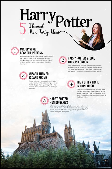 Do you solemnly swear to have a Harry Potter themed hen party? If so then give these magical Harry Potter hen party theme ideas a go! From mixing together your own potions using a magic want, all the way to attempting a Harry Potter escape room! #hendoideas #henpartyactivities #henpartyideas #henpartyplanning #henpartythemes #harrypotter #harrypotterhenparty #magichenparty #harrypotterbacheloretteparty #harrypottergames #harrypotterparty Harry Potter Themed Hen Party, Hen Party Ideas Games, Harry Potter Hen Party, Hen Party Theme Ideas, Hen Party Themes, Hen Party Theme, Harry Potter Escape Room, Harry Potter Bachelorette Party, Party Ideas Games