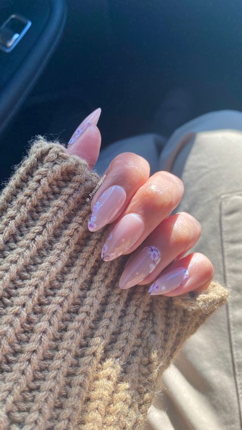 CHERRY BLOSSOM PRESS ON NAILS Spring Alomd Nails, Nails Cherry Blossom Design, Blush Pink Nails Almond Shape, Almond Nails Floral Design, Almond Blossom Nails, Cherry Blossom Nails Simple, Flower Almond Acrylic Nails, Cherry Blossom Inspired Nails, Cherry Blossom Gel Nails