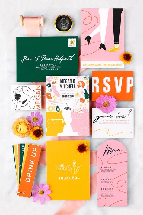 This small backyard wedding is showing you how to get creative with colorful flowers, fun cocktails and adorable DIY signage and invites! Colorful Boho Wedding Invitation, Eclectic Wedding Invitations, Bold Wedding Colors, Invitation Etiquette, Retro Wedding Invitations, Colorful Wedding Invitations, Small Backyard Wedding, Wedding Invitation Etiquette, Stylish Wedding Invitation