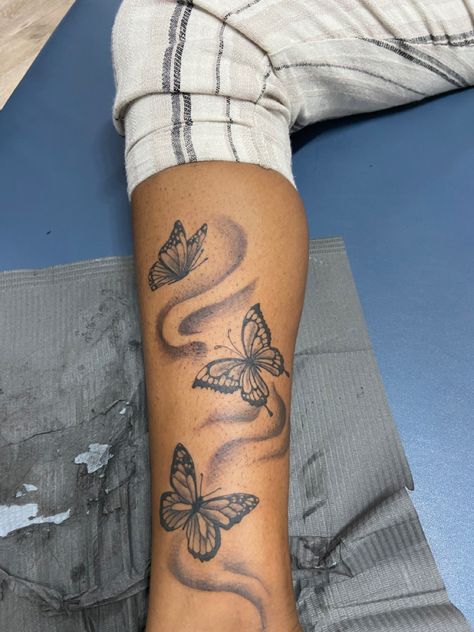 Butterfly Thigh Sleeve Tattoo, Women Side Leg Tattoo, Butterflies On Leg Tattoos, Butterflies Going Up Leg Tattoo, Calf Leg Tattoos Women, Leg Tattoos Women Butterflies, Calf Butterfly Tattoo, Under Leg Tattoo, Butterfly Leg Tattoo For Women