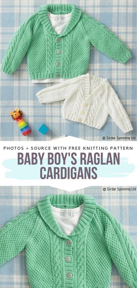 Baby Boy's Raglan Cardigans Free Knitting Pattern This adorable cardigan not only has a beautiful texture but is also easy to knit. Pastel shades look great and you can definitely make it for a boy as well as for a girl. #knittedbabycardigan Free Baby Sweater Knitting Patterns, Baby Boy Knitting Patterns Free, Boys Knitting Patterns Free, Baby Boy Cardigan, Knitting Patterns Boys, Cardigan Bebe, Baby Cardigan Knitting Pattern Free, Kids Knitting Patterns, Baby Boy Sweater