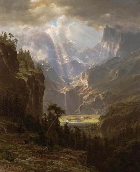 America Painting, Albert Bierstadt Paintings, Rembrandt Art, Albert Bierstadt, Hudson River School, Fantasy Art Landscapes, Aesthetic Painting, Fantasy Landscape, American Artists