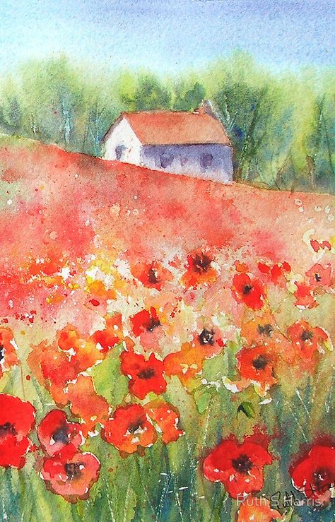 Watercolor Poppy Field, Field Of Flowers Watercolor, Spring Landscape Watercolor, Watercolour Flower Field, Watercolor Field Of Flowers, Poppy Field Watercolor, Watercolor Flower Field, Flower Field Watercolor, Watercolour Field