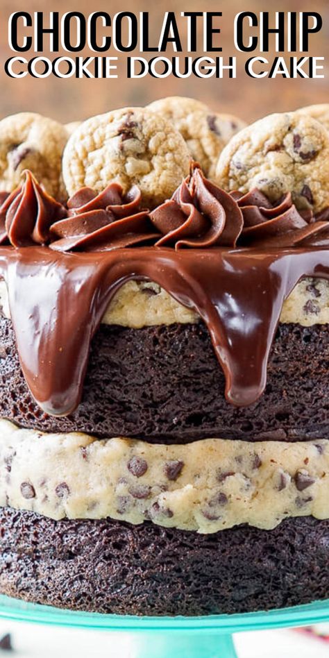 This Chocolate Chip Cookie Dough Cake is made with two layers of delicious chocolate cake, and two layers of edible cookie dough then topped with ganache, frosting, and mini chocolate chip cookies! Chocolate Chip Brownie Cake, Cookie Dough Cakes, Cookie Dough Brownie Cake, Chocolate Chip Cookie Dough Cake Recipe, Chocolate Chip Cookie Dough Cake, Cookie Dough Cake, Delicious Chocolate Cake, Mini Chocolate Chip Cookies, Ganache Frosting