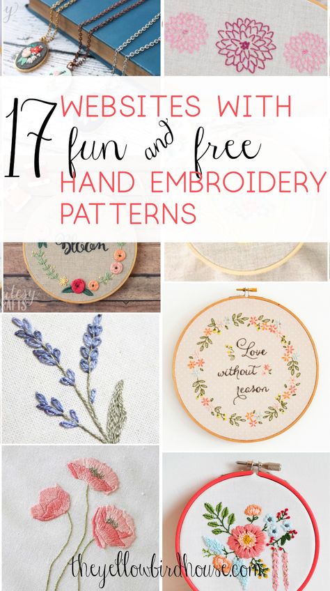 17 Sites with Fun and Free Hand Embroidery Patterns Embroidery Patterns Free Printables, Free Hand Embroidery Patterns, Free Hand Embroidery, Hand Quilting Designs, Hand Embroidery Patterns Free, Ideas Embroidery, Crewel Embroidery Kits, Floral Embroidery Patterns, Basic Embroidery Stitches