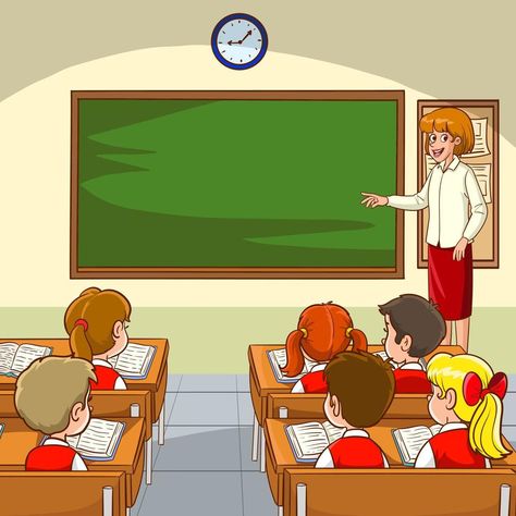 In the classroom with children. Teacher or professor teaches students in first grade elementary school or preschool toddlers. student learn lessons indoor cartoon vector illustration Teacher Teaching Students Drawing, Teacher With Students Cartoon, Classroom With Students Drawing, Cartoon Classroom Background, Teacher Teaching In Classroom Cartoon, Student And Teacher Cartoon, Teacher Pictures Cartoon, Classroom Illustration School, Teacher Teaching Drawing