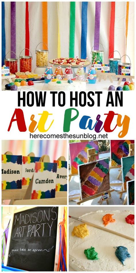 How to host a fun Art birthday party!  I love all these ideas. Diy Art Theme Birthday Party, Art Theme Birthday Party Ideas, Art Themed Birthday Party Ideas For Adults, Seventh Birthday Party Themes, Art Birthday Party Ideas Decorations, Art Activities For Birthday Party, Art Theme Graduation Party, Art Themed Desserts, Art Projects For Birthday Parties