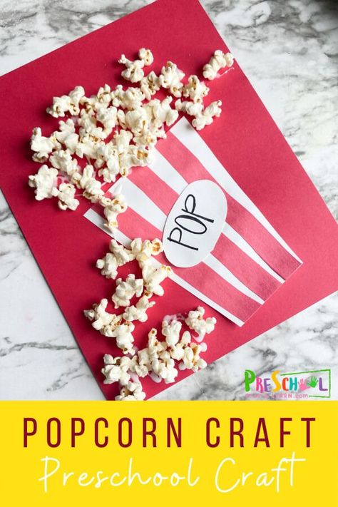 Popcorn is not only fun to eat, but makes a fun, inexpensive material to make cute crafts for kids. This adorable popcorn craft is not only fun to make, but perfect for celebrating National Popcorn Day on January 19th. So pop a bown of popcorn, make this cute preschool popcorn craft, and then watch a movie while you eat the leftover supplies. This is a fun craft for preshool, toddler, kindergarten, pre-k, and first grade students. Letter P Popcorn Craft, Popcorn Projects For Kids, Popcorn Preschool Craft, Popping Into Kindergarten, Movie Crafts Preschool, Movie Preschool Activities, Preschool Popcorn Craft, Popcorn Arts And Crafts, Popcorn Art For Kids