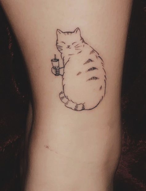 Cat Drinking Coffee Tattoo, Matcha Tattoos, Boba Tea Tattoo, Bubble Tea Tattoo, Cat Coffee Tattoo, Boba Tattoo, Cat Tats, Boba Cat, Beer Tattoos