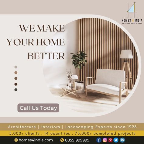 We make sure your interior design perfectly reflects your personality and your way of life. At Homes4India, we have been bringing joy and satisfaction to each of our 5,000+ clients since 1997, and we're still going strong. Call us today on 08551999999 or visit us at homes4india.com to explore our interior designs, architectural & landscaping services. #homedecor #homedesign #interiors #interiordesigner #architecture #landscaping #homes4india #homesforindia Seating Lighting, Interior Studio, Interiors Art, Bedroom Bed Design, 3d Wall Panels, Dream Spaces, Delhi Ncr, Space Crafts, Decor Furniture