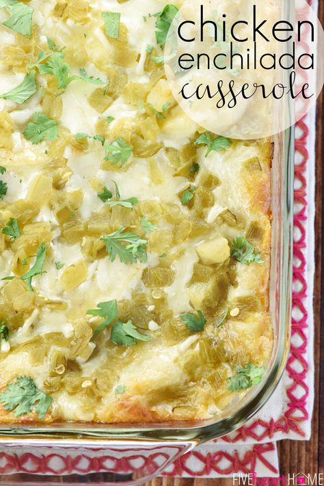 Chicken Enchilada Casserole ~ with all-natural ingredients like salsa verde, green chiles, and a creamy homemade sauce, this scrumptious stacked casserole recipe boast the great flavor of chicken enchiladas without the work of rolling them! | FiveHeartHome.com Enchiladas Chicken Verde, Green Chili Enchilada Casserole, Casserole Cream Of Mushroom, Green Chili Chicken Enchilada Casserole, Easy Enchilada Casserole, Green Chili Chicken Enchiladas, Chili Enchiladas, Green Chili Enchiladas, Green Chicken Enchiladas