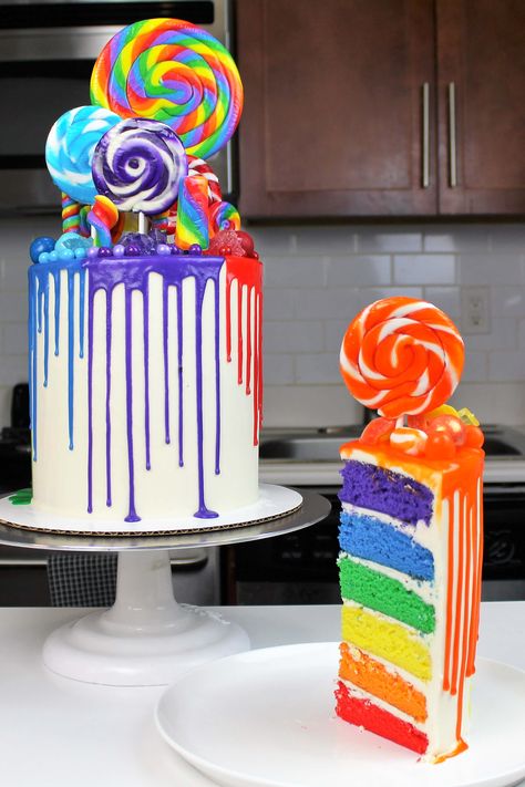 Drip Cake Recipe, Rainbow Drip Cake, Drip Cake Recipes, Rainbow Cake Recipe, Recipe Photo, Rainbow Lollipops, Recipe Tutorial, Vanilla Buttercream Frosting, Cake Layers