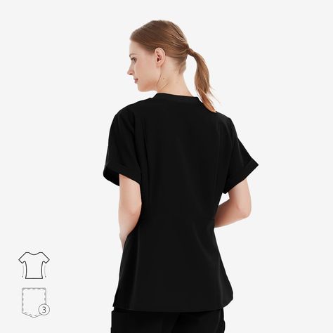 Meet evelyn, a women's scrub top with a chic twist. Featuring a knit ribbed V-neck and folded cuffs, it's designed to flatter with its waist-cinching silhouette and sleek lines. Scrub Top Slim fit One internal insert chest pocket Two deep welt hand pockets Ribbed knit V-neck collar design Folded cuff design Side double stitching Princess seams Side-slit hem Design, Navy, Cuff Design, Collar Design, Ribbed Knit, Slim Fit, Twist, Cuff, V Neck