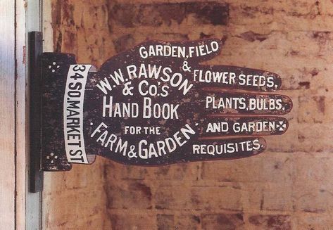 Reproduction and original antique signage and labels are part of the vintage garden look. This metal sign from Farmhouse Wares, printed on both sides, is wall art with graphic punch and old fashioned charm. Those drawn to 19th-century style may be happy to learn that vintage garden decor is a trend for spring and summer. Burger Bar, Trade Sign, Sign Writing, Antique Signs, Wayfinding Signage, Old Signs, Garden Signs, Decoration Inspiration, Environmental Graphics