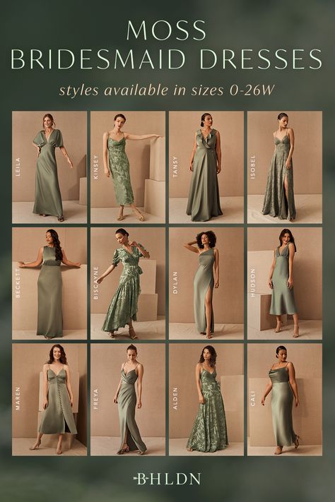 Meet moss, a soft and sophisticated new color for bridesmaids. BHLDN's moss bridesmaid dresses are available in sizes 0-26W, with a variety of chic silhouettes that showcase the personalities in your party. We especially adore this natural green bridesmaid dress hue for summer and fall weddings!��​ Forest Green Bridesmaid Dresses Bhldn Weddings, Matte Green Bridesmaid Dresses, Bhldn Bridesmaid Dress Green, Soft Green Dress Wedding, Moss Green Maid Of Honor Dress, Bride's Maid Dress, Moss Green Bridesmaids Dresses, Moss Green Dress Bridesmaids, Shades Of Olive Green Bridesmaid Dresses