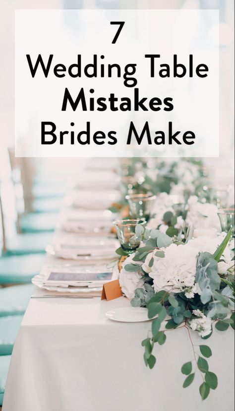 Many brides and grooms overlook how important the tables at the reception are to the guest overall experience, and one misstep can be the difference between someone having a blast or looking forward to going home. Before you put the final touches on your special day, take a look at these seven common wedding table mistakes to avoid. #wedding #weddingideas Wedding Table Decor Rectangle Tables, Brides Table Ideas, Bridal Table Decorations Receptions, Wedding Table Set Up Layout, Lyneadaprix Wedding Board, Bride And Groom Table Ideas Rustic, Head Wedding Table Decorations, Wedding Table For Bride And Groom, Wedding Table Arrangements Layout