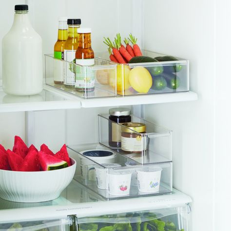 Refrigerator Organization, Freezer Organizers & Fridge Storage Containers | The Container Store Organisation, Stocked Refrigerator, Pretty Fridge, Neat Organization, Fridge Pantry, Stacking Bins, Pantry Organizer, Clean Refrigerator, Bedroom Turquoise