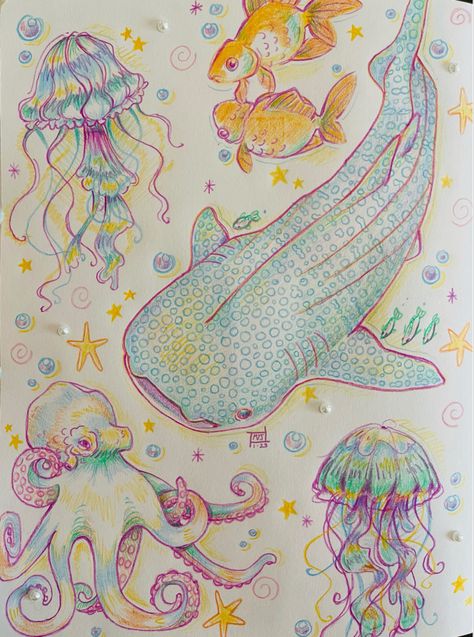Paint And Drawing Ideas, Cool Summer Drawings, Small Sea Animals Drawing, Very Colorful Drawings, Cute Notebook Sketches, Watercolor Art Detailed, Easy Sea Life Drawing, Funky Sketch Ideas, Beach Colored Pencil Drawing