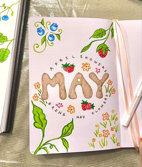 May 2024 Bullet Journal, April Scrapbook Page, May Scrapbook Page, Nature Bujo Theme, Spring Bujo Ideas, May Page Bullet Journal, May Bullet Journal Ideas Layout, May Journal Cover Page, Spring Journal Aesthetic