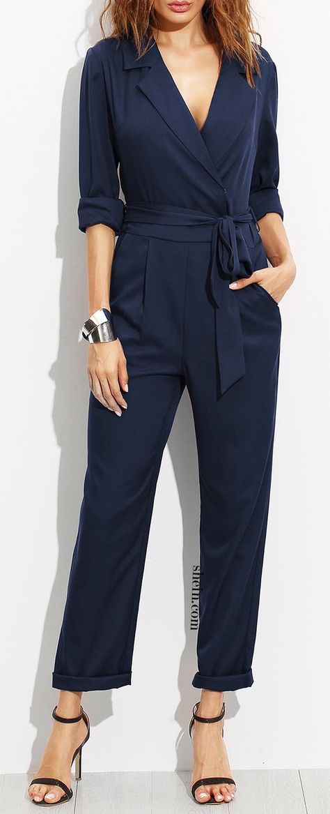 Navy Surplice Self Tie Tux Jumpsuit Sheer Jumpsuit Outfit, Jumpsuit Outfit Ideas, Sheer Jumpsuit, Beautiful Jumpsuits, Blue Jumpsuit, Designer Jumpsuits, Jumpsuit Outfit, Surplice Neckline, Flowing Skirt