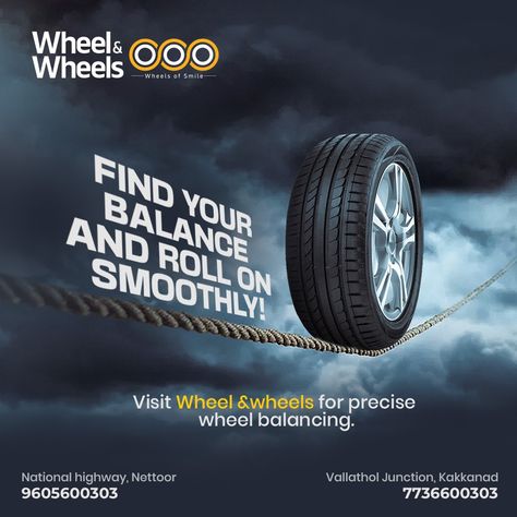 Experience the road like never before with perfectly balanced wheels, Say goodbye to vibrations and hello to a smooth, confident ride. Visit us now! National Highway, Nettoor | Vallathol Junction, Kakkanad Contact: 9605600303,7736600303 . . . #wheelandwheels #adventure #tyredeals #qualitytyres #tyresolutions #tyre #underbodycoating #wheels #newtyres #tyreshop #kochi #tyredealers #repair #brandedtyres #cartyres #tyrestore #tyresales #premiumtyres #tyrecare #3DAlignment #ComputerisedWheelBalancing Creative Tyre Ads, Tyre Creative Ads, Tire Poster, Tyre Ads, Dental Social Media, Composite Veneers, Car Advertising Design, National Highway, Ads Creative Advertising Ideas