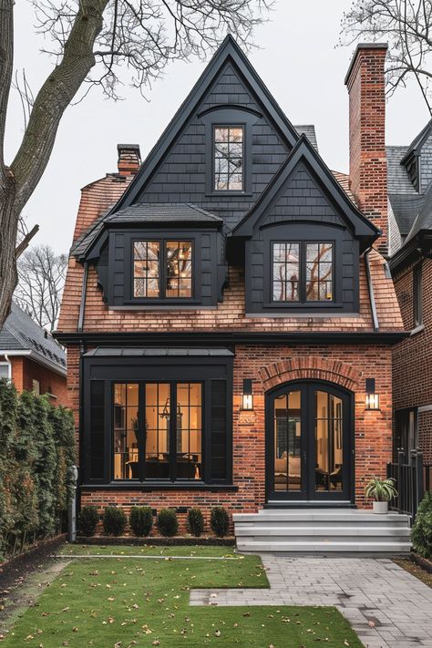 Dark Brick Houses Exterior, Brick Home Black Windows, 1920s Home Exterior, Black And Brick House, Brick And Black Exterior, Modern Tudor House Exterior, Traditional House Exterior, Black Home Exterior, Renovation Facade