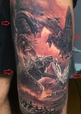 Los Angeles, Godzilla Tattoo Ideas, Kaiju Tattoo, Godzilla Tattoo Design, Godzilla Tattoo, Mangas Tattoo, Body Tattoo Design, Danny Green, 12 Tattoos