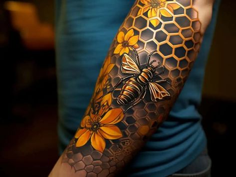 Bee Neck Tattoos Women, Knee Bee Tattoo, Geometric Honeycomb Tattoo Design, Geometric Honeycomb Tattoo, Small Realism Tattoo, Manga Tattoo Design, Bailey Tattoo, Bees Tattoo, Sunday Tattoo