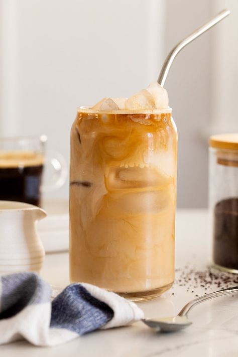 Spanish Latte Recipe, Iced Spanish Latte, Coffee Banana Bread, Vegan Sweetened Condensed Milk, Bakers Menu, Ice Americano, Spanish Latte, Spring Drinks, Morning Recipes