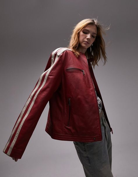 Coats & Jackets by Topshop Welcome to the next phase of Topshop High collar Zip fastening Zip-chest pockets Regular fit Vintage Red Leather Jacket, Moto Racer Jacket, Red Leather Jacket Outfit, Red Biker Jacket, Striped Leather Jacket, Jacket Outfit Women, Racer Jacket, Leather Jacket Outfits, Leather Moto