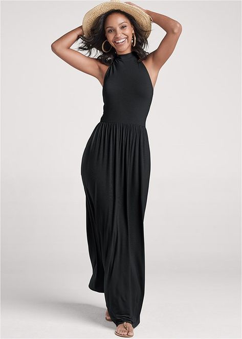 Comfy stretch fabric makes this maxi a spring to summer must-have! The high neckline and fitted bodice add coverage to the front, securing behind the neck in a halter tie, while bare shoulders and open back keep it alluringly sexy. Beach breezes have nothing on this easy made-for-vacay dress!* Sizes: XS (2), S (4-6), M (8-10), L (12-14), XL (16)* Plus sizes: 1X (18-20), 2X (22-24), 3X (26-28)* Halter tie neckline* Side seam pockets* Maxi 58"* Fabric has stretch* Ecovero viscose/spandex. Imported Long Sleeve High Neck Dress, Maxi Dress Winter, High Neck Maxi Dress, Honeymoon Outfits, Maxi Dress Outfit, Velvet Maxi Dress, Big Girl Fashion, Bare Shoulders, Black Maxi