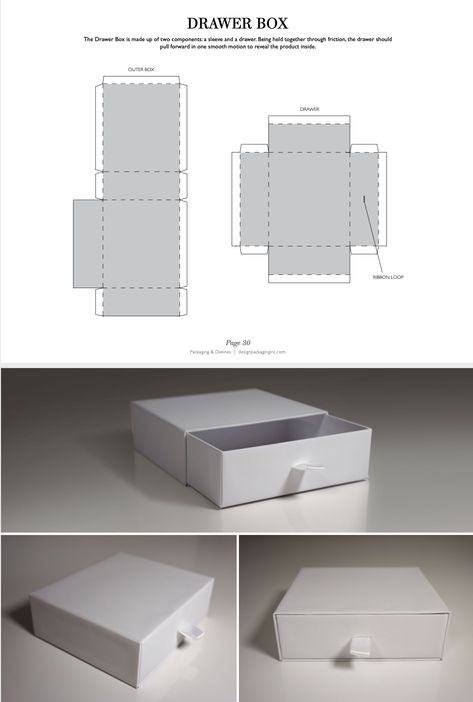 The Drawer Box is made up of two components: a sleeve and a drawer. Being held together through friction, the drawer should pull forward in one smooth motion to reveal the product inside.#packaging design #packaging_dieline #dielines #design #shopping_bag#RIGID_BOXES Product Packaging Template, Drawer Packaging Design, Diy Packaging Box Ideas, Pull Out Box Packaging, Make Boxes Out Of Paper, Drawer Box Diy, How To Make Packaging Boxes, Dieline Packaging Boxes, Box Package Template