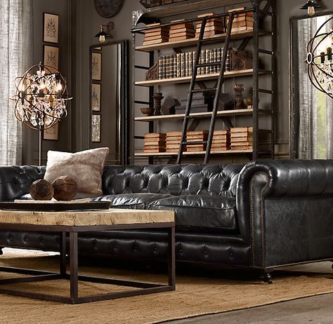 dark masculine living room decoratin ideas with black leather sofa Cottage Colonial, Black Leather Furniture, Zigarren Lounges, Man Home Decor, Restauration Hardware, Black Leather Couch, Lots Of Books, Masculine Decor, Game Storage