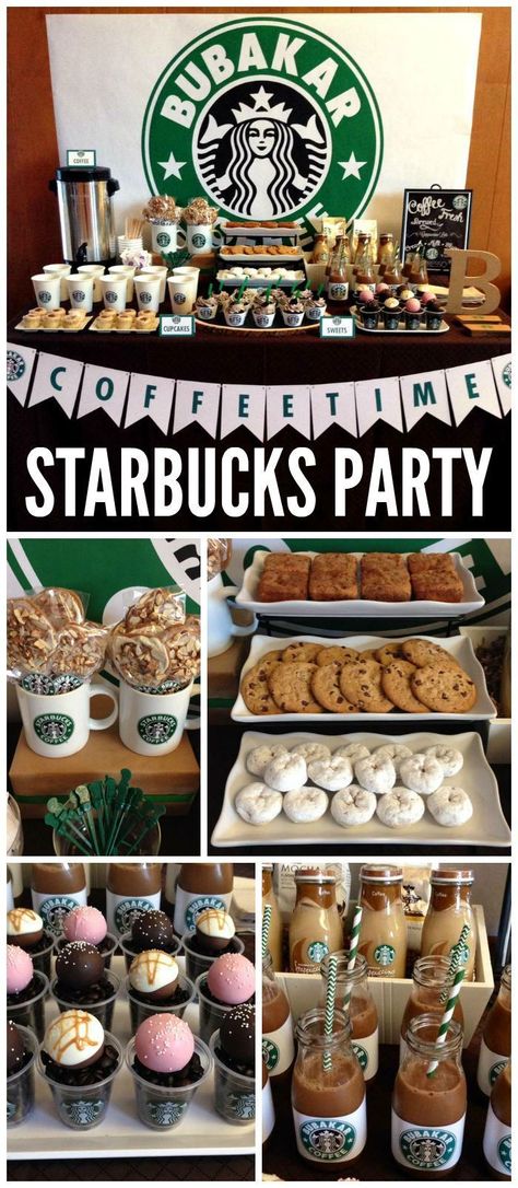 A Starbucks Coffee dessert bar with a coffee bar and Starbucks cake pops and a lot of desserts! See more party planning ideas at CatchMyParty.com! I WANT THIS SO BAD Diy Party Themes, Starbucks Birthday Party, Starbucks Cake Pops, Starbucks Party, Starbucks Cake, Starbucks Birthday, Bff Things, Coffee Party, Donut Bar