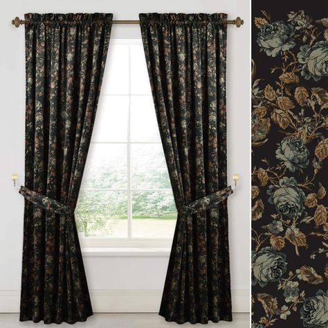 PRICES MAY VARY. DESIGN & DECOR: The soft yet vivid floral and bronzed foliages spread over the whole panel with black background. A classic and vintage decorative curtains give an elegant and eye-catching look to your rooms, fit into any retro or rustic setting as well as a delicate space. Unlined, single-sided digital print. READY MADE: Sold as 2 Print Velvet Curtains. Each panel measures 52"W x 90"L (from top edge of installed rod to bottom). Dual rod pocket design fits most of standard rod a Black Velvet Curtains, Living Room Retro, Blackout Window Treatments, Dark Curtains, Velvet Drapes, Green Curtains, Curtains For Living Room, Curtains Living, Beautiful Curtains