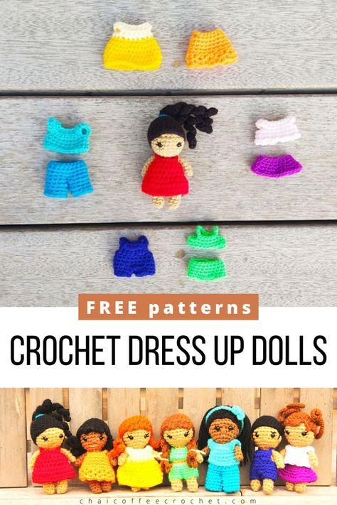 Crochet these small dress up dolls in these free patterns. These amigurumi dress up dolls all have removable crochet doll clothes patterns. You can change the clothes and choose from a variety of hairstyles for a unique doll. Dress Up Amigurumi, Crochet Dress Up Animals, Amigurumi Dress Up Doll, Crochet Cute Patterns Free, Small Crochet Clothes, Crochet Dress Up Doll, Doll Crochet Dress, Free Crochet Patterns Doll, Crochet Doll With Clothes