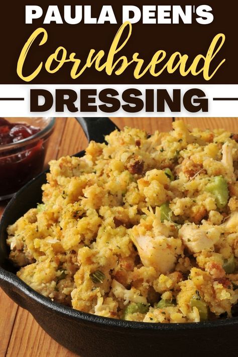 This recipe for Paula Deen's cornbread dressing will be a new family favorite! Whether you serve it for a holiday meal or Sunday dinner, no one will be able to resist this dish. Cornbread Stuffing Recipes, Dressing Recipes Thanksgiving, Cornbread Dressing Southern, Bread Dressing, Thanksgiving Dressing, Dressing Recipes Cornbread, Stuffing Recipes For Thanksgiving, Thanksgiving Food Sides, Best Thanksgiving Recipes