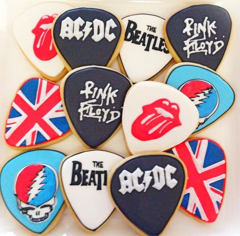 Classic Rock Guitar Pick Cookies     Cookie By Compassionate Cake Festa Rock Roll, Rock Baby Showers, Music Cookies, Rock And Roll Birthday, Rockstar Birthday, Rockstar Birthday Party, Guitar Cake, Rock N Roll Party, Rock Star Party