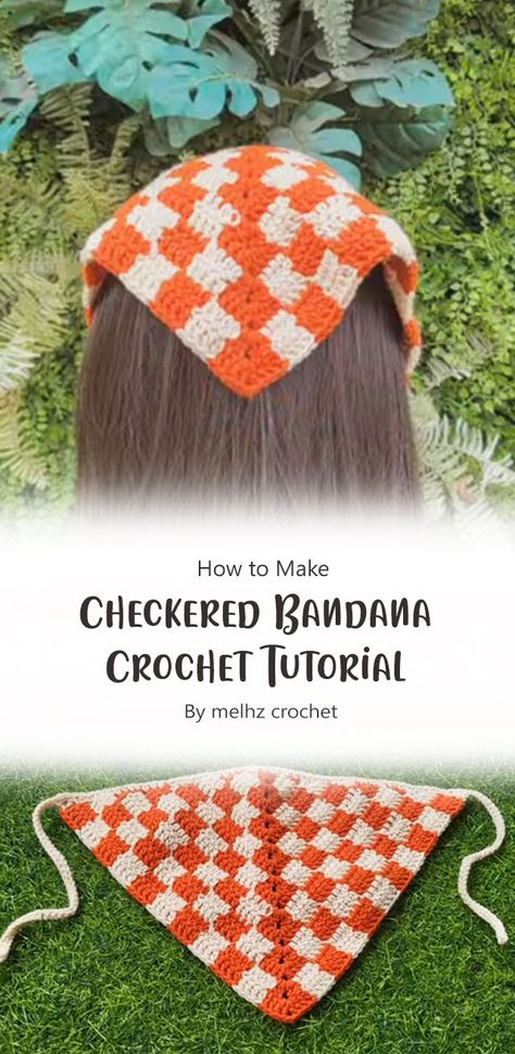 Bandana Crochet Diagram, Amigurumi Patterns, Crochet Size 1 Yarn, Crochet Bandana Checkered, Checkered Bandana Crochet, Money Making Crochet Projects, Crochet Checkered Headband, Crochet Checkered Scarf Free Pattern, Crochet Strawberry Bandana Pattern Free