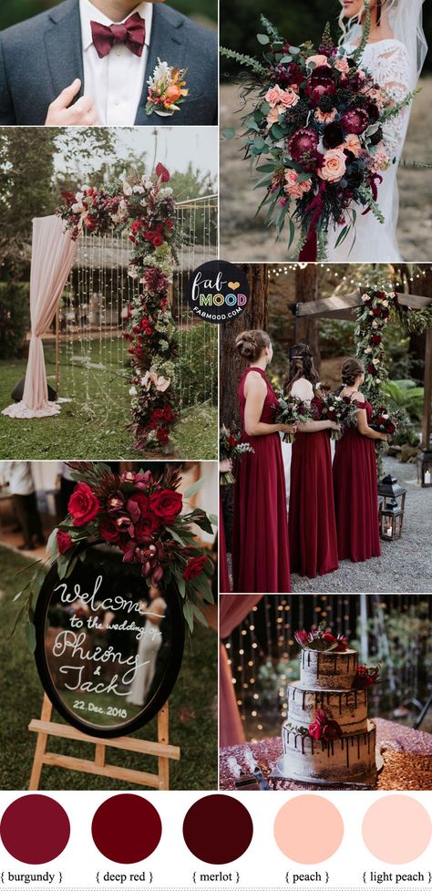 Fall Wedding Maroon And Gold, Fall Wedding Colors Maroon, Fall Wedding Burgundy And Grey, Crimson Fall Wedding, Autumn Colour Scheme Wedding, Shades Of Red Wedding Colour Palettes, Red Wedding Colour Schemes, Burgundy And Peach Color Palette, Red Peach And Green Wedding