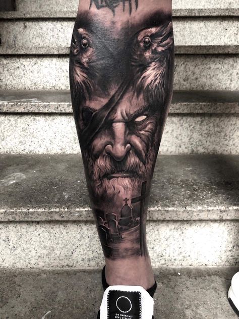 Realistic Portrait Tattoo, Calve Tattoo, Wisdom Tattoo, Viking Tattoos For Men, Thor Tattoo, Odin Tattoo, Tattoo Fixes, Viking Warrior Tattoos, Redemption Tattoo