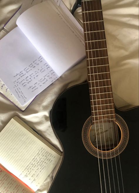 guitar, music, chords, writing, bed, aesthetic, acoustic, black, songs,  book, lyrics, songwriting, decor, Book Lyrics, Black Acoustic Guitar, Bed Aesthetic, Guitar Obsession, Guitar Photos, Life Vision Board, Guitar Pics, Music Chords, Lyrics Aesthetic