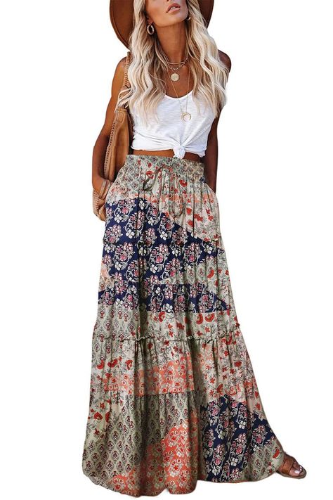 PRICES MAY VARY. Country Concert Outfit: This long skirt is perfect for a casual day out or music festival. Boho skirtmade from high quality fabric,100%Polyester,soft, comfortable,elegant and flowy. Skirt with Pockets: This plus size skirt features a pleated and high waisted design, designed to flatter your figure. With two deep side pockets, floral skirt can hold a bottle of water and a phone, allowing you to indulge in the music of the music festival. Adjustable Elastic Waistband: Boho maxi sk Maxi Skirt With Pockets, Long Maxi Skirt, Solid Skirt, Bohemian Skirt, Bright Fashion, Maxi Skirt Boho, Boho Skirt, Skirt High Waist, Womens Maxi Skirts