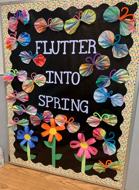 Fun Spring Bulletin Board Ideas, Bulliton Bored Ideas Preschool, Flutter Into Spring Bulletin Board, March Kindergarten Bulletin Boards, Butterfly Classroom Theme Bulletin Boards, Butterfly Board Ideas, April Teacher Bulletin Boards, Soaring Into Spring Bulletin Boards, Grant Wishes Bulletin Board