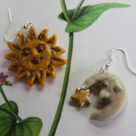 Sun And Moon Clay, Moon Clay Earrings, Earrings Sun And Moon, Moon Clay, Sun And Moon Earrings, Face Jewellery, Basic Jewelry, Hippie Jewelry, Moon Earrings