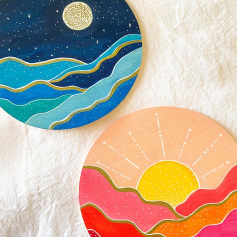 The Sun, moon and ocean acrylic painting on wooden circle canvas Circle Canvas Painting Ideas, Circle Canvas Painting, Canvas Painting Ideas Easy, Design Quotes Art, Circular Canvas, Painting Ideas Easy, Circle Canvas, Sun Painting, Old Cds