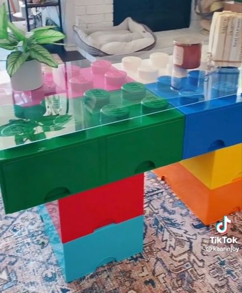 Lego Block Coffee Table, Lego Table Coffee Table, Lego Brick Coffee Table, Funky Diy Coffee Table, Diy Lego Table From Coffee Table, Fun Diy Furniture, Crazy Coffee Table, Diy Lego Coffee Table, Lego Decor Aesthetic