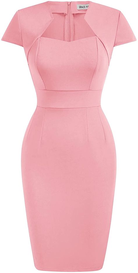 Women Cap Sleeve Retro Vintage Bodycon Elastic Pencil Dress Pink M at Amazon Women’s Clothing store Classy Pencil Dress, Women Bodycon Dress Classy, Pencil Gowns Classy, Retro Outfits For Women Vintage Dresses, Cute Dresses Pink, Pink Business Dress, Dresses For Work Business, Pink Work Dress, Pencil Dress Work